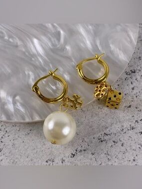 Tory Burch Gold Hoop Earrings with Ivory Pearl and Dice Charm